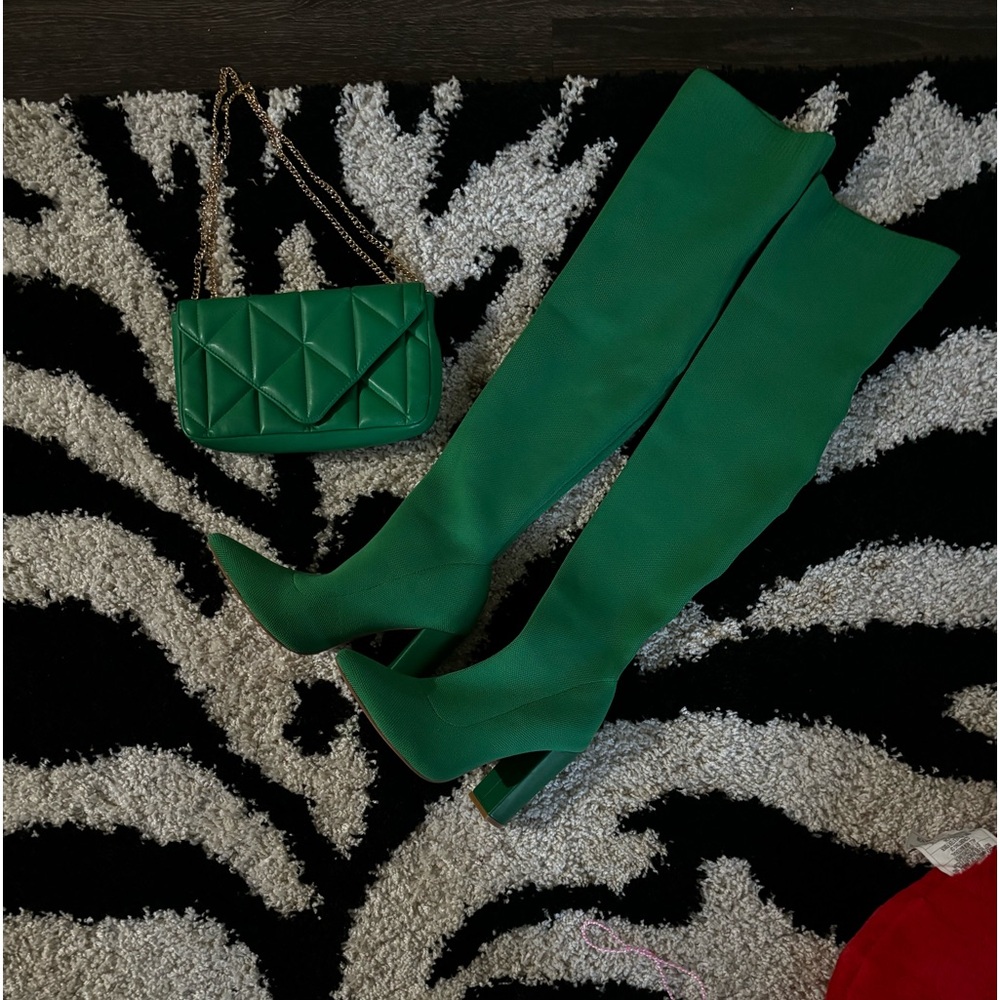 Green handbag and sock boot heel size 11